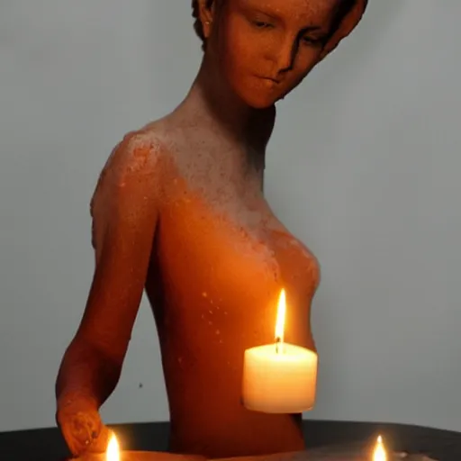 Prompt: a woman beautiful made from candle wax, she is melting