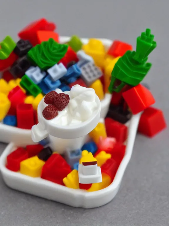 Prompt: miniature lego diorama of yogurt with fruits