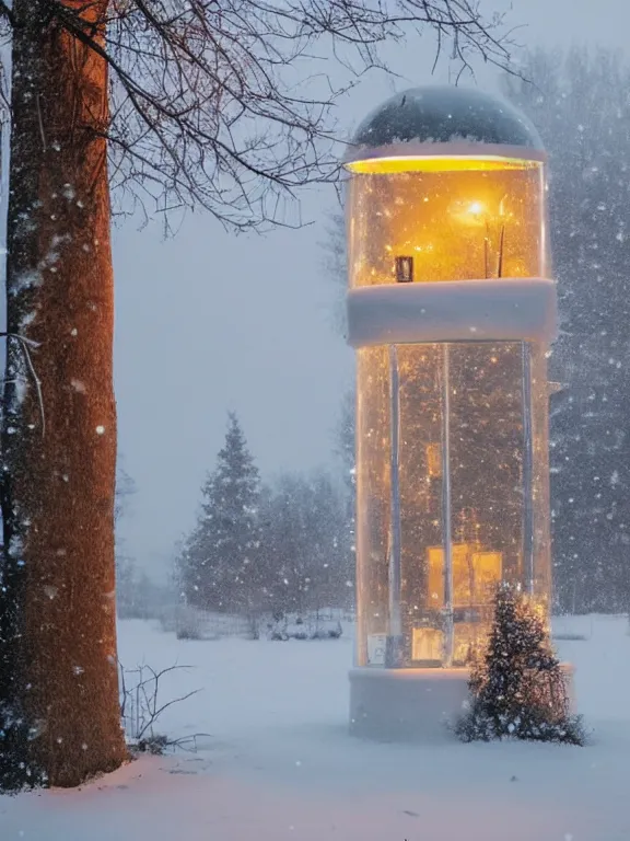 Prompt: snow globe with tiny soviet residential building inside snow globe, lights are on in the windows, cozy atmosphere, fog, cold winter, snowing, streetlamps with orange volumetric light, birches