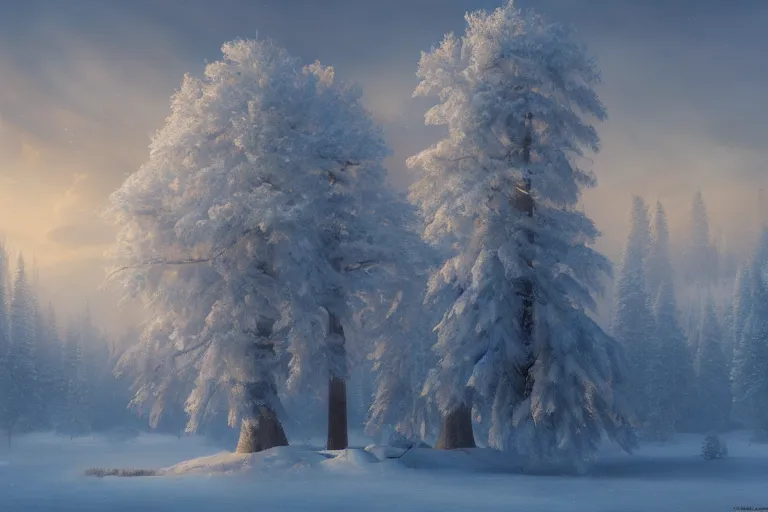Prompt: lapland cannon snow covered trees volymetric light ethereal dusk by noah bradley and john howe