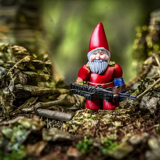 Image similar to a serbian gnome soldier carve up prey in the forest, high detail photoshoot, depth of field, studio lights