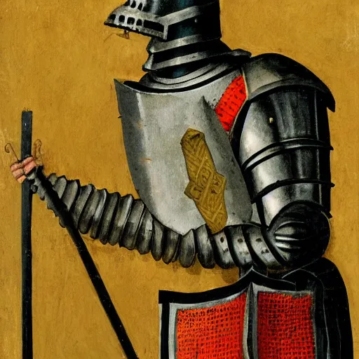 Image similar to one - armed medieval armored knight with bucket on his head, painting