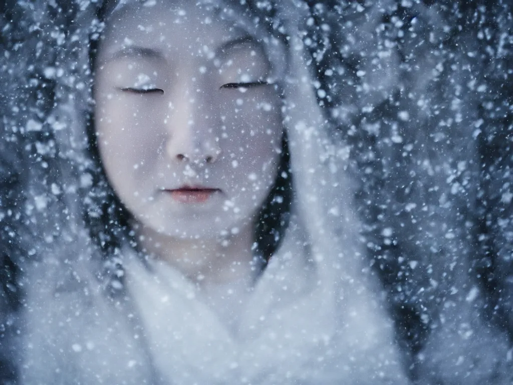 Prompt: the piercing stare of yuki onna, snowstorm, blizzard, mountain snow, canon eos r 6, bokeh, outline glow, asymmetric unnatural beauty, gentle smile, billowing cape, blue skin, centered, rule of thirds