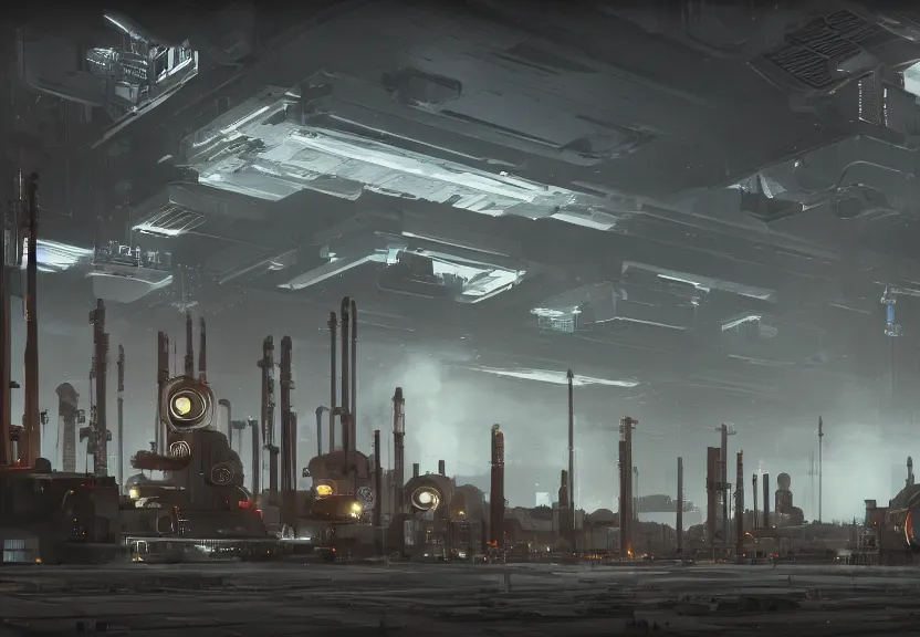 prompthunt: a minimalist scifi brutalist maschinen krieger robot factory at  night with columns of steam, ilm, beeple, star citizen halo, mass effect,  bladerunner, elysium