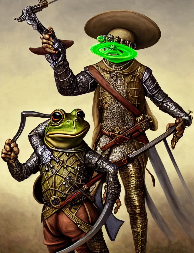 Prompt: anthropomorphic bipedal frog that is dressed as a medieval fighter, and dual wielding revolver pistols, as a baroque oil painting and d & d character art, by alex grey, standing, fullbody, floating bubbles, enlightenment, mystic, concept art, award - winning, extremely detailed, sharp focus