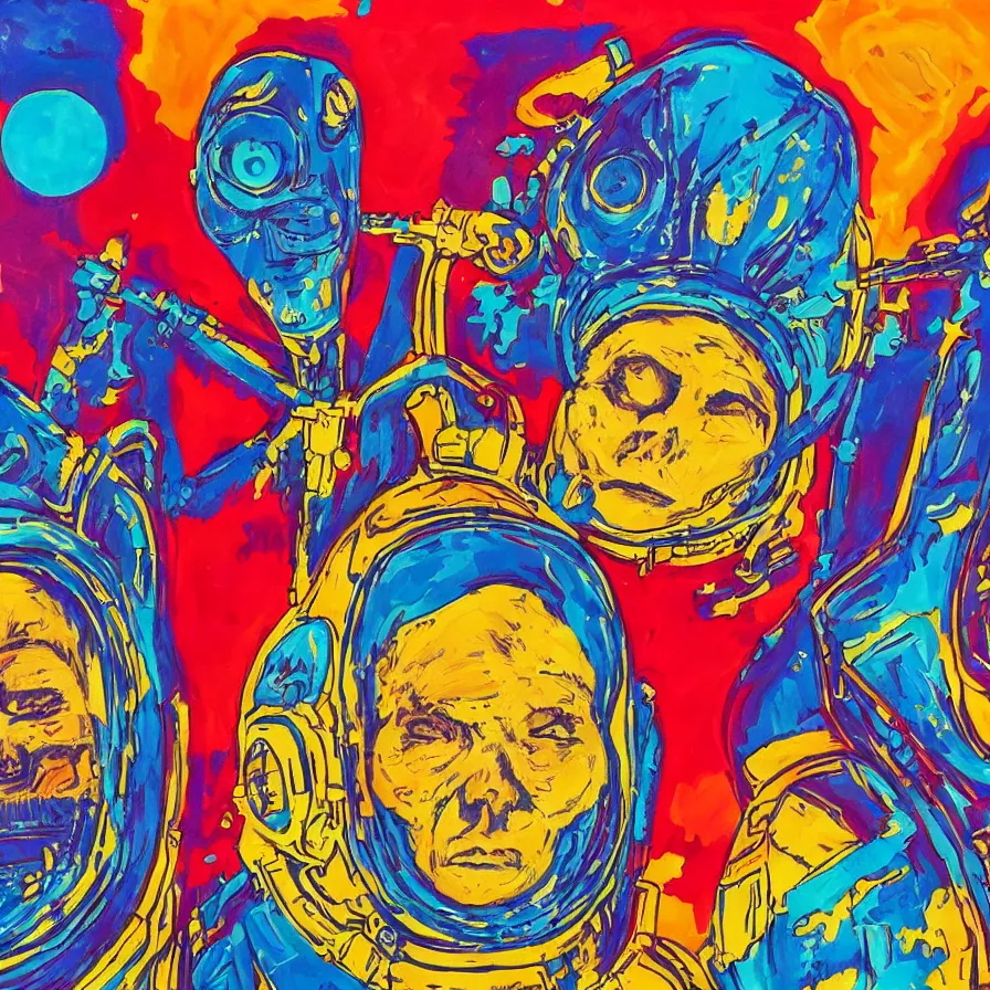 Image similar to an alien king and an astronaut talking face to face, overdetailed art, colorful, record jacket design