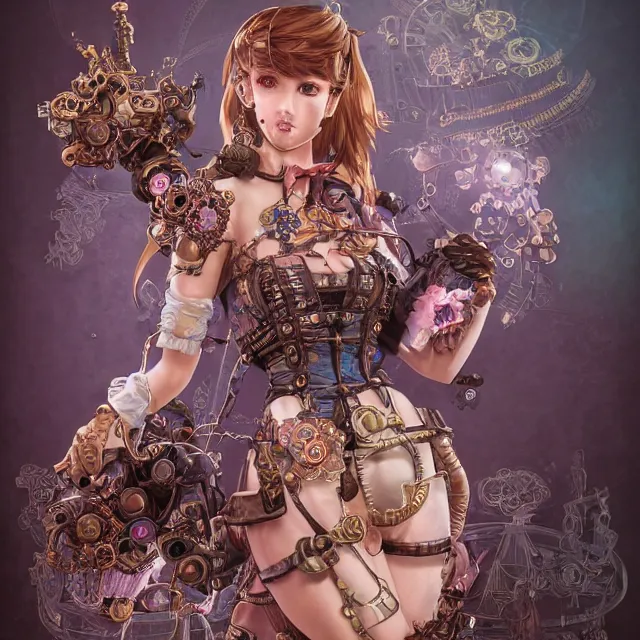 Image similar to the portrait of true neutral semi - colorful female steampunk mechanist as absurdly beautiful, gorgeous, elegant, young gravure idol, an ultrafine hyperdetailed illustration by kim jung gi, irakli nadar, intricate linework, bright colors, octopath traveler, final fantasy, unreal engine 5 highly rendered, global illumination, radiant light, detailed and intricate environment