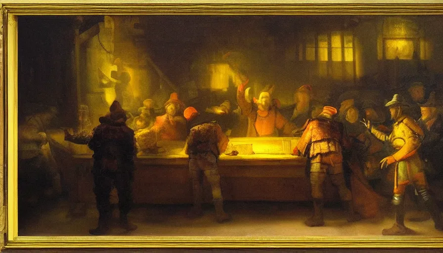 Prompt: futuristic neon lighting scene of death of the money lenders, oil painting by rembrandt, led panel screens, dynamic lighting