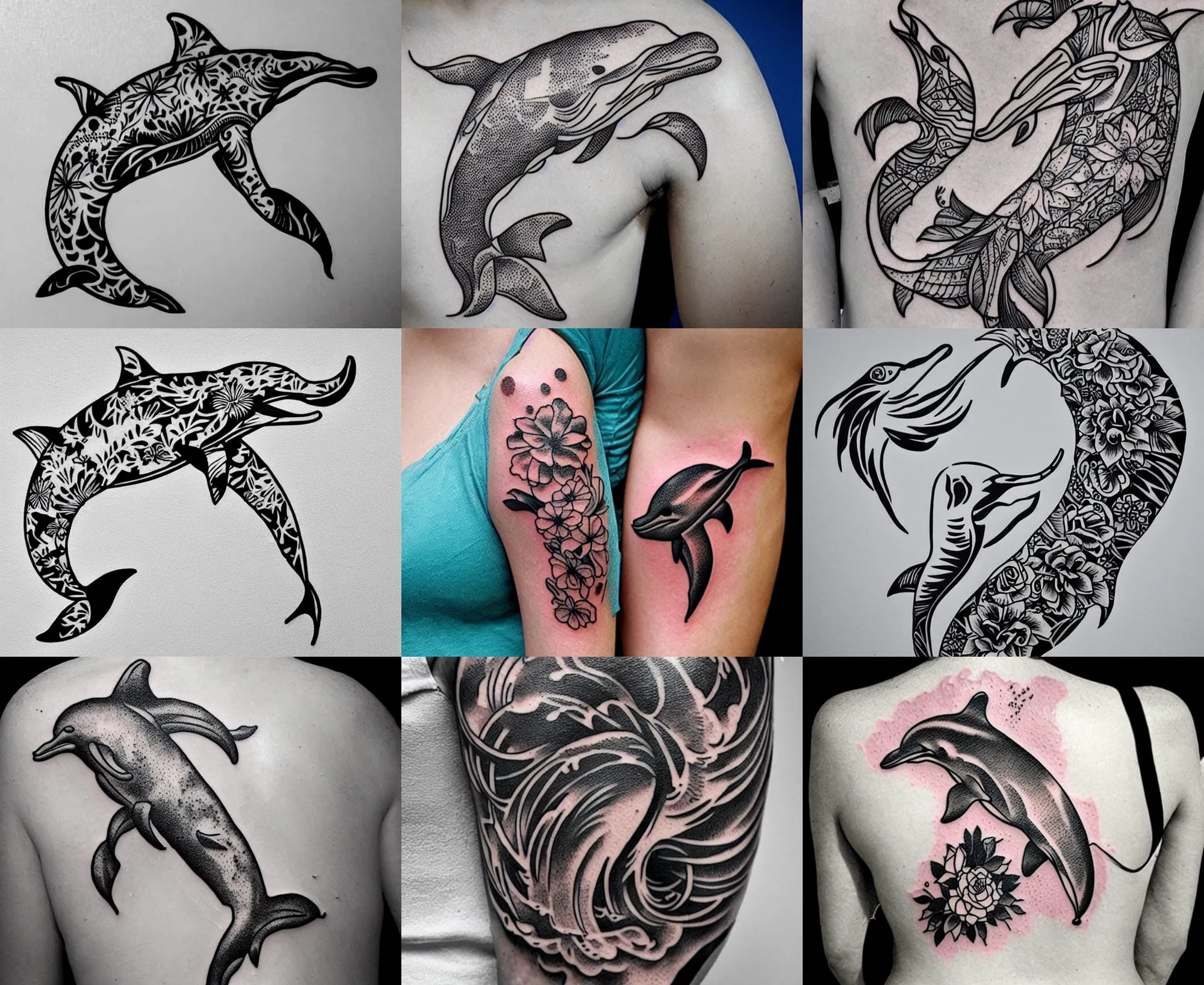 Image similar to detailed amazing tattoo stencil of a floral dolphin