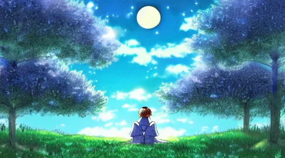 Prompt: Kokomi sitting in a field of Ghibli Clover | Big Moon at Blue Night | GLOWING FLOWERS | strong blue rimlit | visual-key | anime illustration | highly detailed High resolution | in the style of Anmi