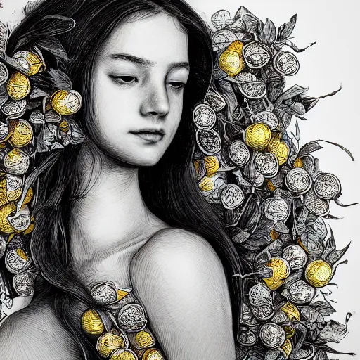 Image similar to the portrait of an absurdly beautiful, graceful, elegant, sophisticated, young teen girl made up of lemons looking up, an ultrafine hyperdetailed illustration by kim jung gi, irakli nadar, intricate linework, bright colors, octopath traveler, final fantasy, unreal engine 5 highly rendered, global illumination, radiant light, detailed and intricate environment