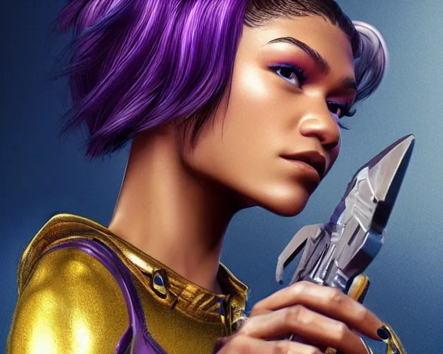 Prompt: Zendaya in heroic pose with weapon, cinematic, 4k, hyper realistic, super detailed, colorful accents, purple hair, golden ratio, symmetrical face, highly detailed professional photo, centered, rim lights, vray caustics, hyper realistic