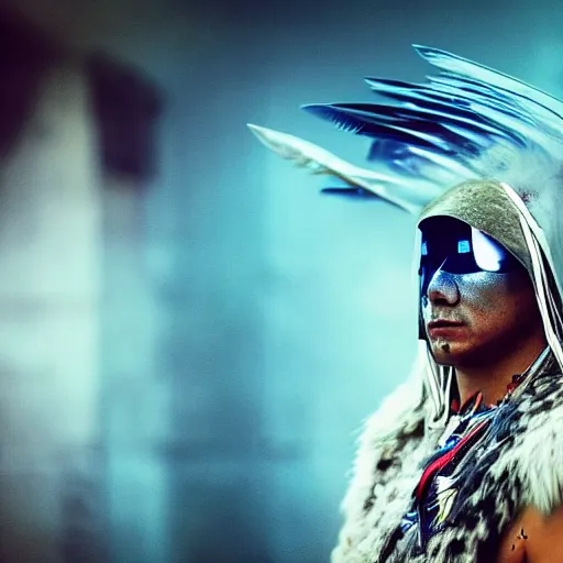 Prompt: photo of a real-life futuristic cyber native american warrior