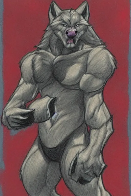 Image similar to master furry artist colored pencil drawing full body portrait character study of the anthro male anthropomorphic wolf fursona animal person bodybuilder at gym