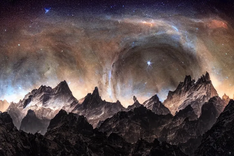 Prompt: a beautiful double exposure of a deep field astrophotography image by hubble in the sky and a night time landscape with mountains and a cityscape, lpoty, award winning, apod