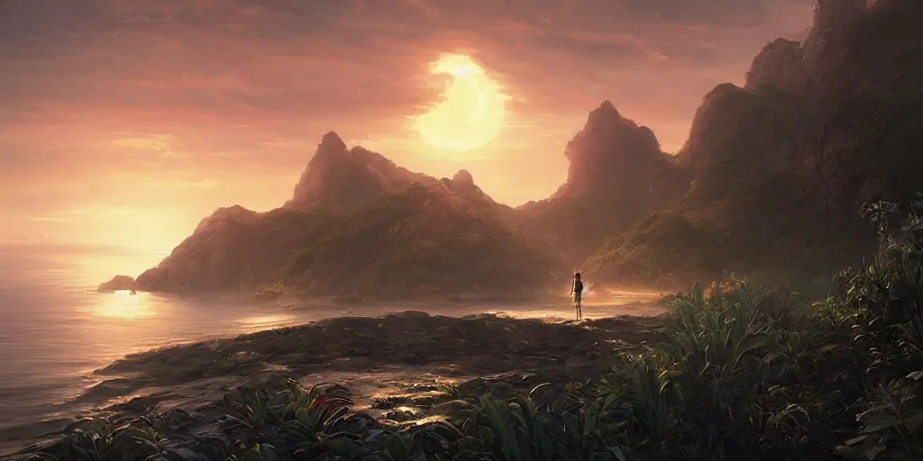 Prompt: beautiful hyper realistic island scenery at sunset, sand, tropical plants, albumcover, beautiful painting by greg rutkowski, ross tran, wlop, set in lord of the rings, starcraft, atmosphere, ethereal, magic, amazing, positive vibes