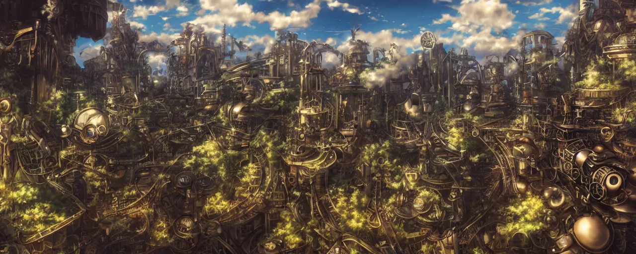 Image similar to steampunk anime landscape, beautiful, artstation trending, deviantart, highly detailed, focus, smooth, by hirohiko araki, yoshitaka amano