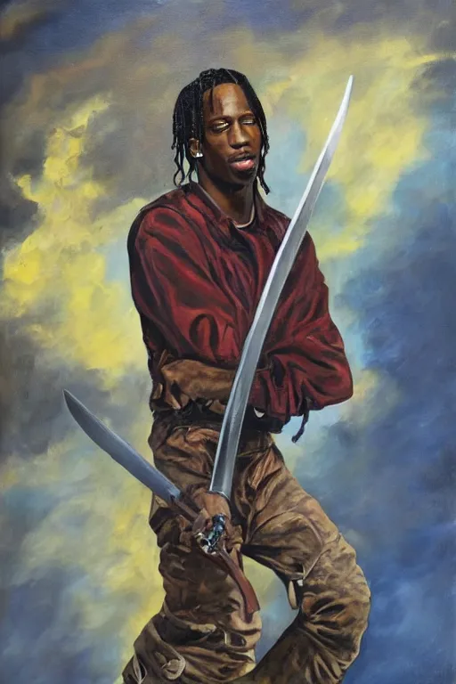 Image similar to travis scott holding a sword, painting