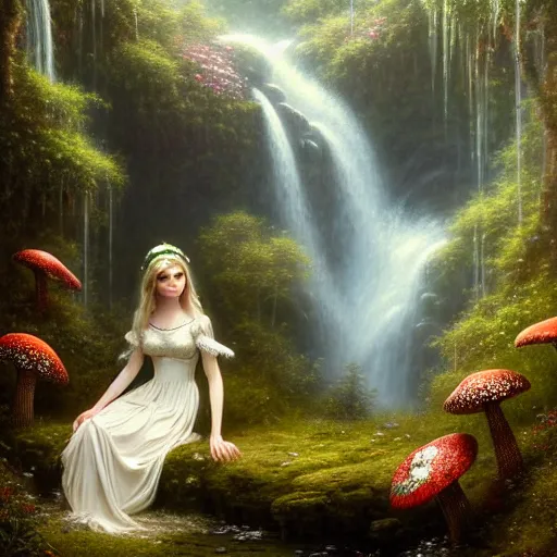 Prompt: highly detailed, elegant elf clothed in a white lace dress and flowers sitting in a enchanted scenery landscape, vast lush valley flowers and mushroom, waterfall, stream, sunrise, vivid color, soft clouds, cinematic lighting, perfect composition, 8 k, gustave dore, derek zabrocki, greg rutkowski, belsinski,