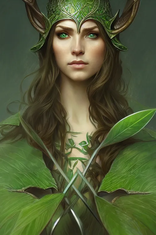 Image similar to male elven Archer armor made of green leaves, fantasy, amber eyes, face, long hair, intricate, elegant, highly detailed, digital painting, artstation, concept art, smooth, sharp focus, illustration, art by artgerm and greg rutkowski and alphonse mucha