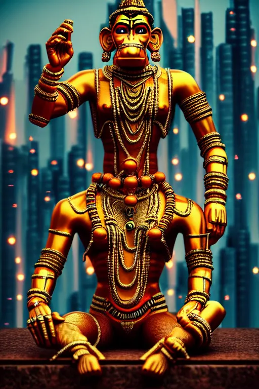 Image similar to high quality 3 d render colorful cyborg! hanuman sitting, gold madhubani, highly detailed, cyberpunk!! mumbai in the background, vray cinematic smooth, blade runner, moody light, low angle, uhd 8 k, sharp focus