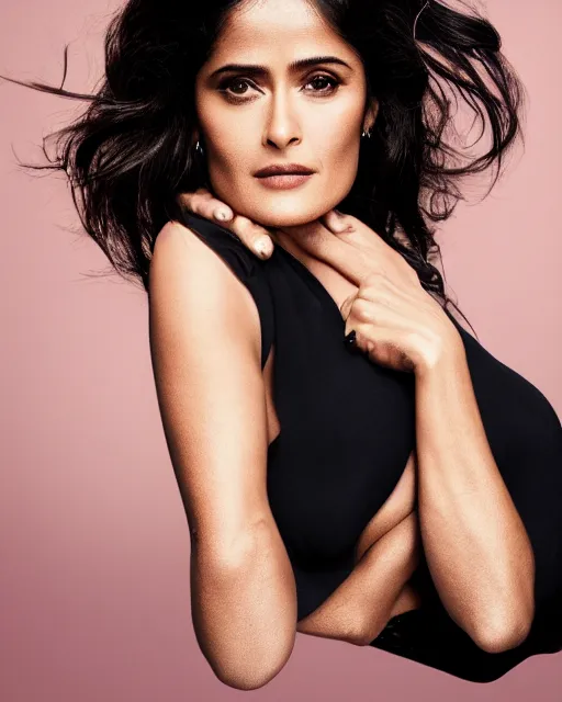 Image similar to Fully-clothed full-body portrait of Salma Hayek, XF IQ4, 50mm, F1.4, studio lighting, professional, 8K