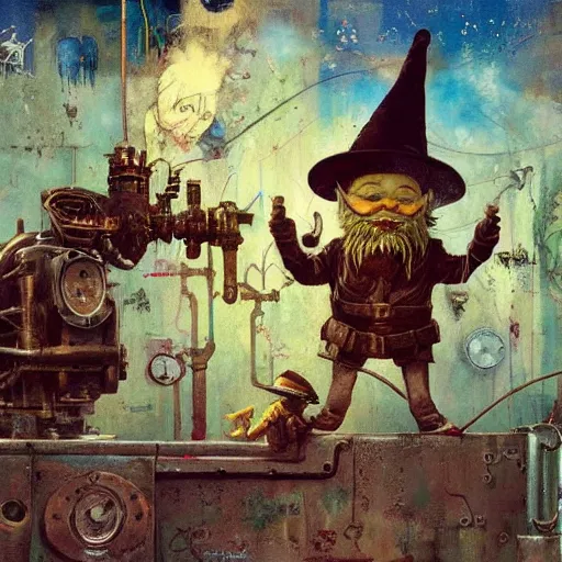 Prompt: Graffiti Spraypaint A gnome gnome riding a steampunk automaton clockwork golem golem by frank frazetta greg rutkowski alberto sughi elina brotherus peter doig robert rauschenberg mark ryden tombow