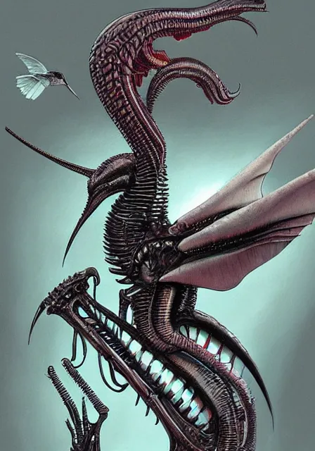 Prompt: a hummingbird - xenomorph, designed by h. r. giger, sci fi, intricate, extremely hyperdetailed, sharp focus, masterpiece, trending on artstation