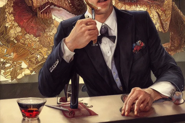 Image similar to portrait painting of a tyranosaurus rex wearing a tie and drinking a martini, ultra realistic, concept art, intricate details, serious, highly detailed, photorealistic, octane render, 8 k, unreal engine. art by artgerm and greg rutkowski and alphonse mucha