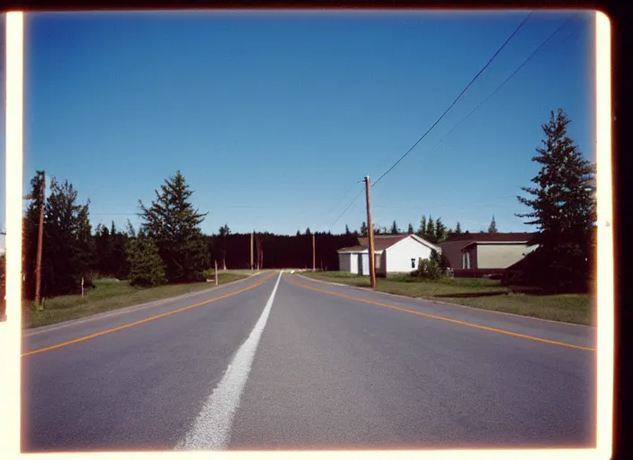 Prompt: A disposable camera picture of an empty street in a small rural Canadian suburb, Kodak Fling 200, 1983