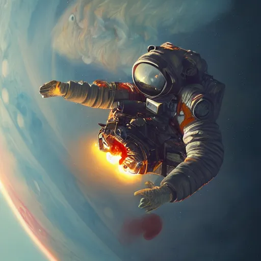 Image similar to burning astronaut falling through the majestic clouds of jupiter, by cedric peyravernay and feng zhu, highly detailed, excellent composition, cinematic concept art, dramatic lighting, trending on artstation