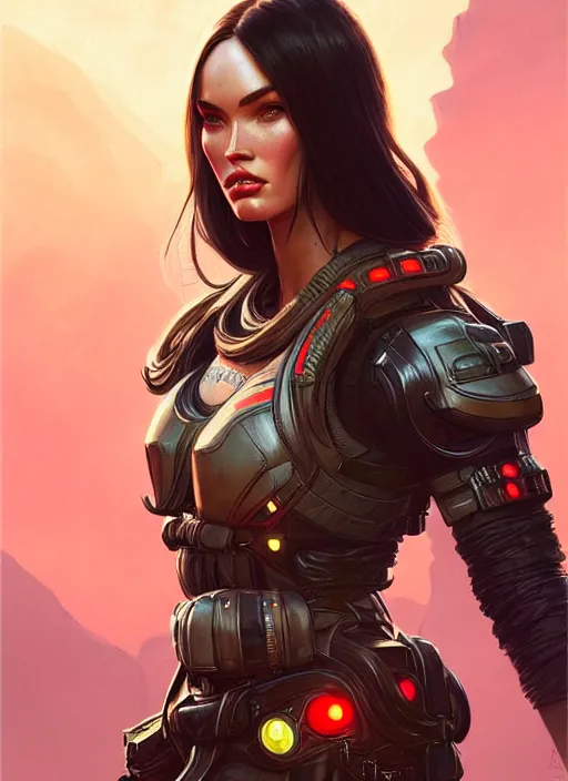 Image similar to portrait of apex legends megan fox, intricate, elegant, glowing lights, highly detailed, digital painting, artstation, glamor pose, concept art, smooth, sharp focus, illustration, art by artgerm and greg rutkowski, artey freytag