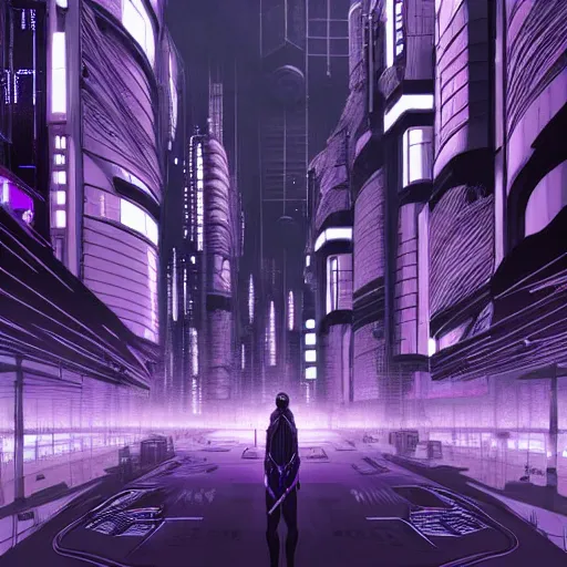 Prompt: Futuristic Concrete Dense Tokyo in style of Tsutomu Nihei in purple and black tones. ArtStation, Cyberpunk, vertical symmetry, 8K, Highly Detailed, Intricate, Album Art.