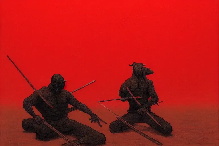 Prompt: only with red, a red samurai do seppuku, tokio, a lot of frogs watch, in the style of beksinski, parts by edward hopper, parts by rodcenko, parts by yue minjun, intricate and epic composition, red by caravaggio, insanely quality, highly detailed, masterpiece, red light, artstation, 4 k