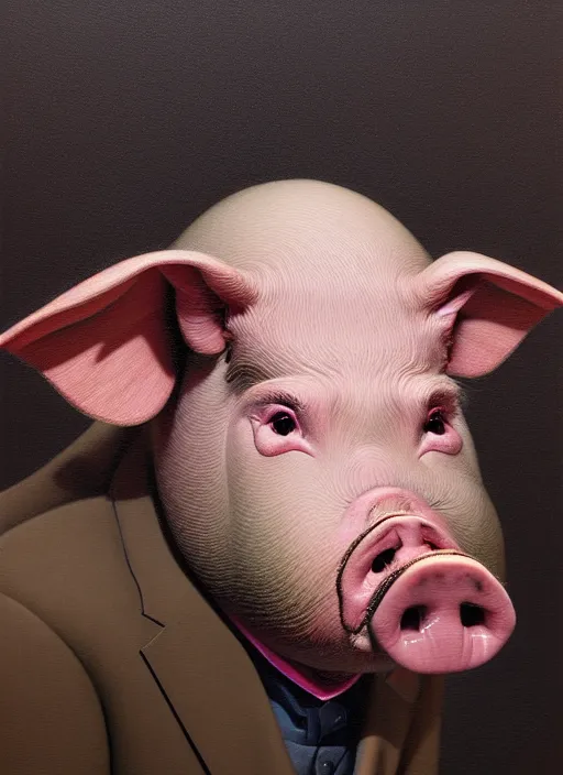 Image similar to hyper detailed 3d render like an Oil painting - Portrait of a Pig in a tuxedo by Jacek Yerka, Mariusz Lewandowski, Houdini algorithmic generative render, Abstract brush strokes, Masterpiece, Edward Hopper and James Gilleard, Zdzislaw Beksinski, Mark Ryden, Wolfgang Lettl, hints of Yayoi Kasuma, octane render, 8k