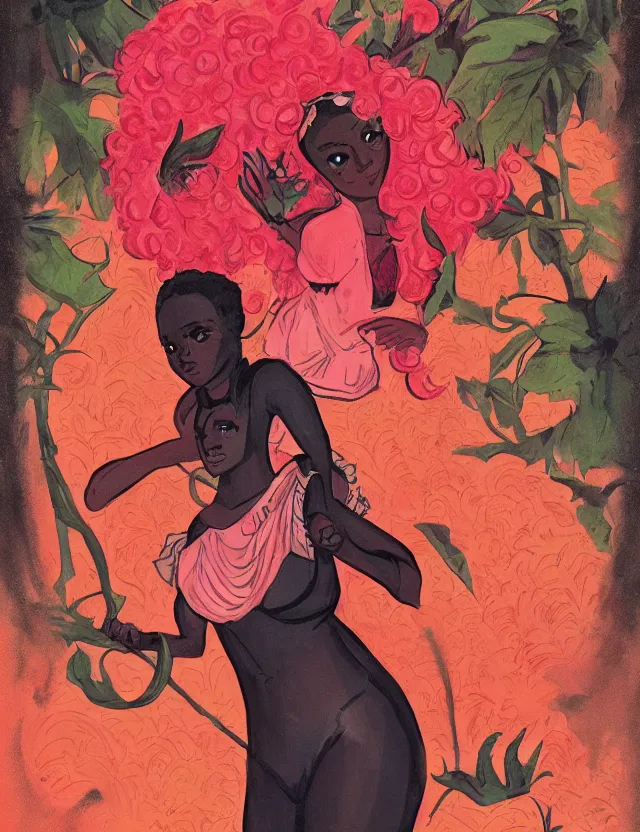 Image similar to black - skinned princess of the strawberry cream valley. this heavily stylized gouache painting by an indie comic artist has interesting color contrasts, plenty of details and impeccable lighting.