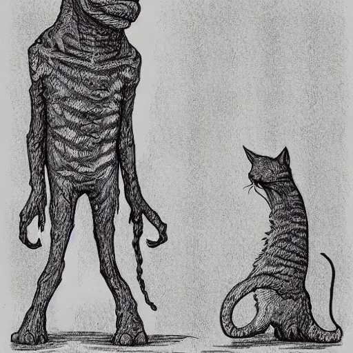 Prompt: Giant monster looking at a cat, Lovecraft sketch