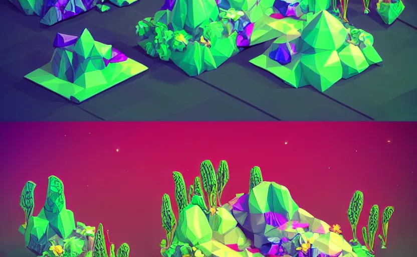 Prompt: isometric low poly isometric crystal plant sofa with alien aesthetic inspired by pandora in the avatar movie, it has bioluminescent plants growing on top of it, beautiful neon orange - yellow with blue hints and it's bedecked with some sparkling crystals all over the place. black background, night isometric artstation neon. behance, pinterest