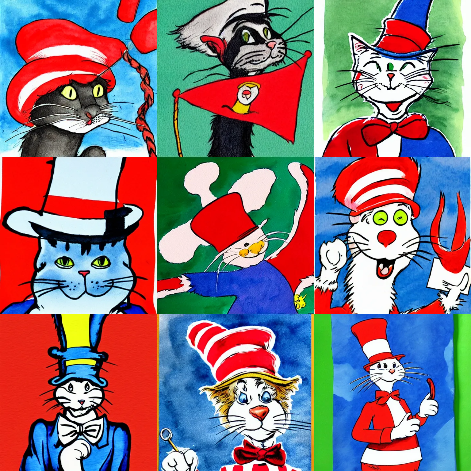 Prompt: the cat in the hat by dr. seuss, the cat in the hat waving a flag, hammer and sickle symbol, detailed, watercolor, in the style of dr. seuss