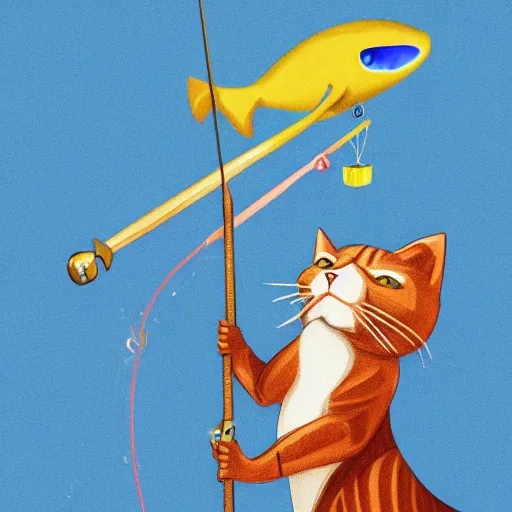 Image similar to an anthropomorphic cat is holding a fishing rod, trying to fish the blue whale in the cloudy colorful sky , digital art, trending on Artstation