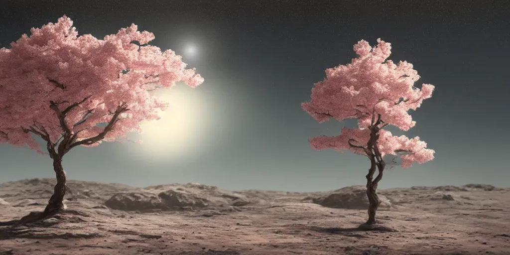 Prompt: A sakura tree growing on the moon, cinematic lighting, detailed oil painting, hyperrealistic, 8k