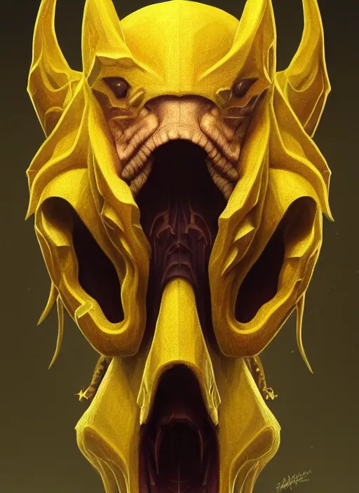 Prompt: anthropomorphic pentacontagon head in edgy darkiron banana, intricate, elegant, highly detailed animal monster, digital painting, artstation, concept art, smooth, sharp focus, illustration, art by artgerm, wayne barlowe, trending on artstation and greg rutkowski and alphonse mucha, 8 k