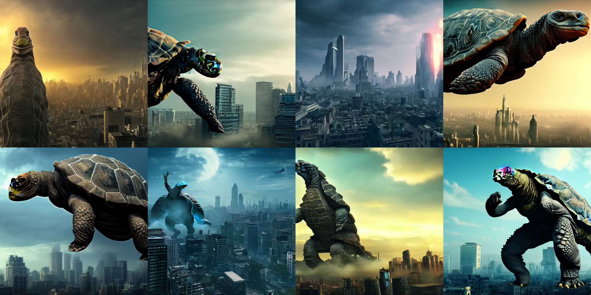 Prompt: Giant Tortoise Kaiju towering over a city as people run away, photo realistic, movie still, 4k, 8k, action film