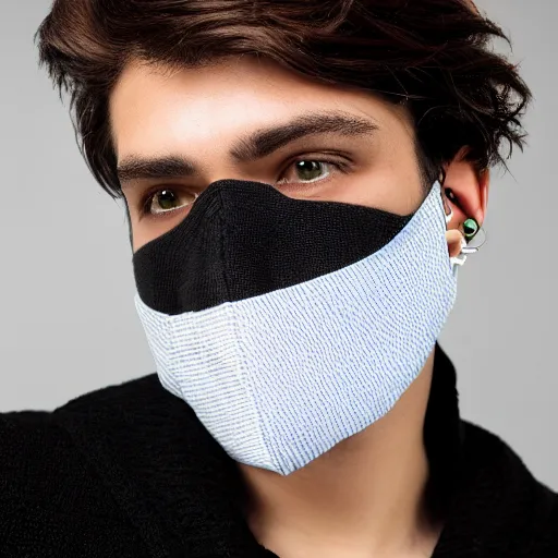 Prompt: professional photograph of a cool guy with a stylish face mask, earrings, and dark clothes, high quality, HD, 8K, highly detailed