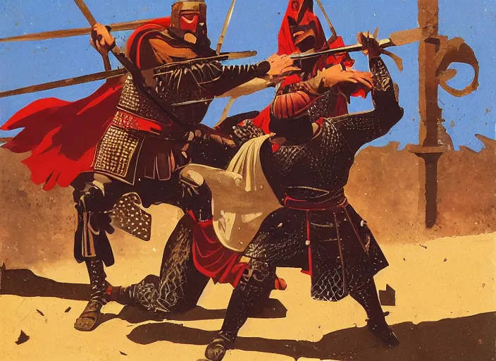 Prompt: dynamic combat scene between a Byzantine medieval warrior and a Turkish medieval warrior, by Angus McBride.