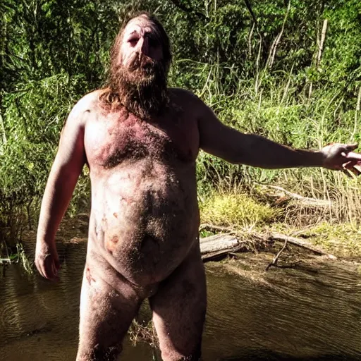 Prompt: hideous ugly hairy greasy glistening dirty horrible man with many folds of fat and bagwings, standing in a swamp, dramatic shadows, beautiful imagery, high quality, award - winning photograph