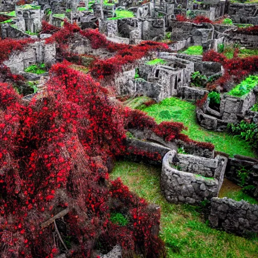 Image similar to the ruins of a giant village made out of stone, overgrown with red and black vines