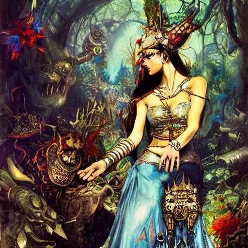 Image similar to cleopatra in alice in wonderland tripping on ayahuasca, intricate detail, painting, royo, frazetta, whealan,