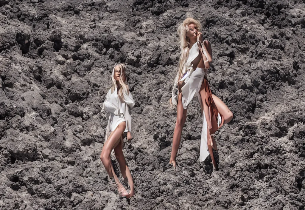 Prompt: fashion editorial in active volcano. wide angle. highly detailed.