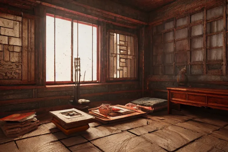 Prompt: artstation scifi scene of a shabby chinese rural room, earth kang, wooden bookcase, a small lotus shrine, in winter paneled walls, unreal engine 5, hyper realism, realistic shading, cinematic composition, blender render, octane render, hdr, detailed textures, photorealistic, wide shot